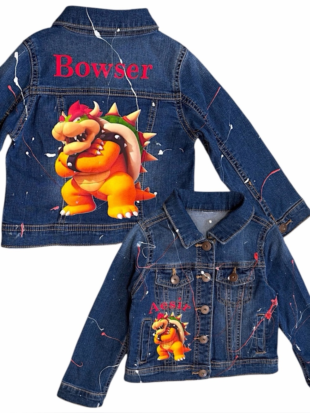New Upcycled Super Mario Bros Bowser Jean Jacket 4T Girl X Carter’s Paint Splat